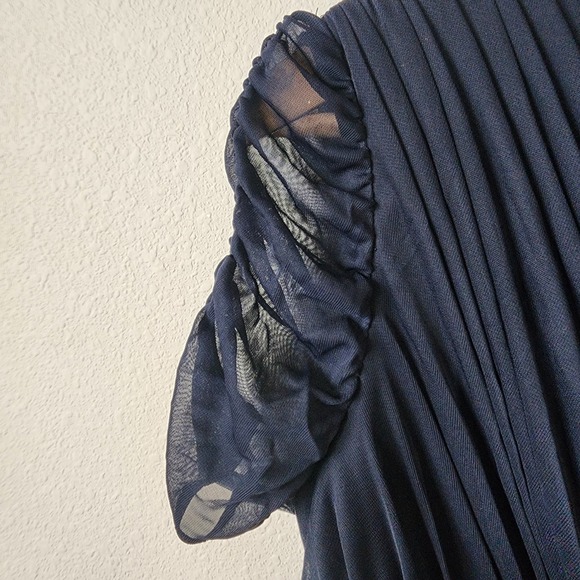 Adrianna Papell Navy Ruched Mesh V-Neck Draped Maxi Formal Evening Gown Dress 10 - Picture 5 of 9